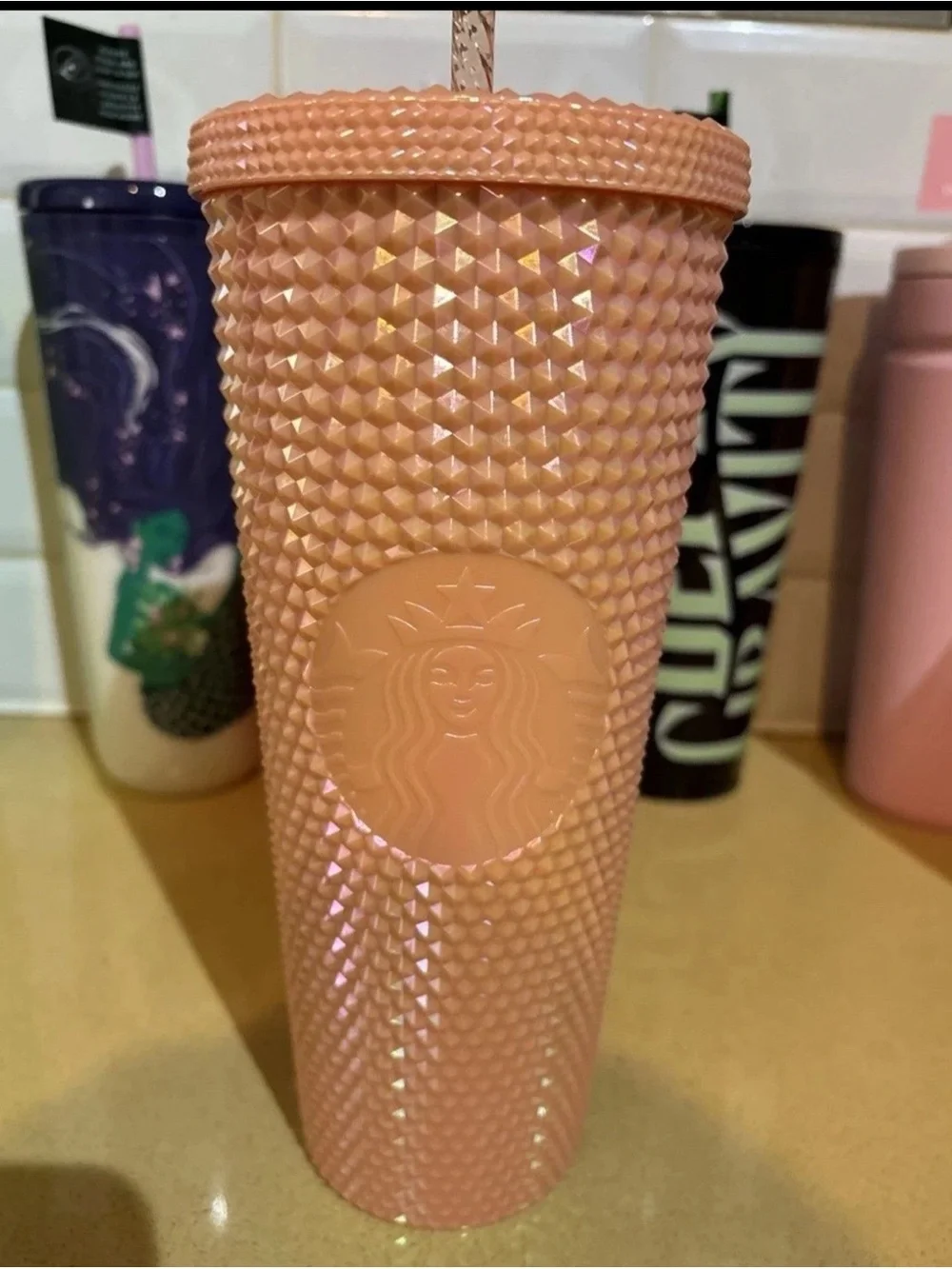 Starbucks 24oz Studded Tumbler Peach Pink Iridescent Venti Cold Cup Straw 2024